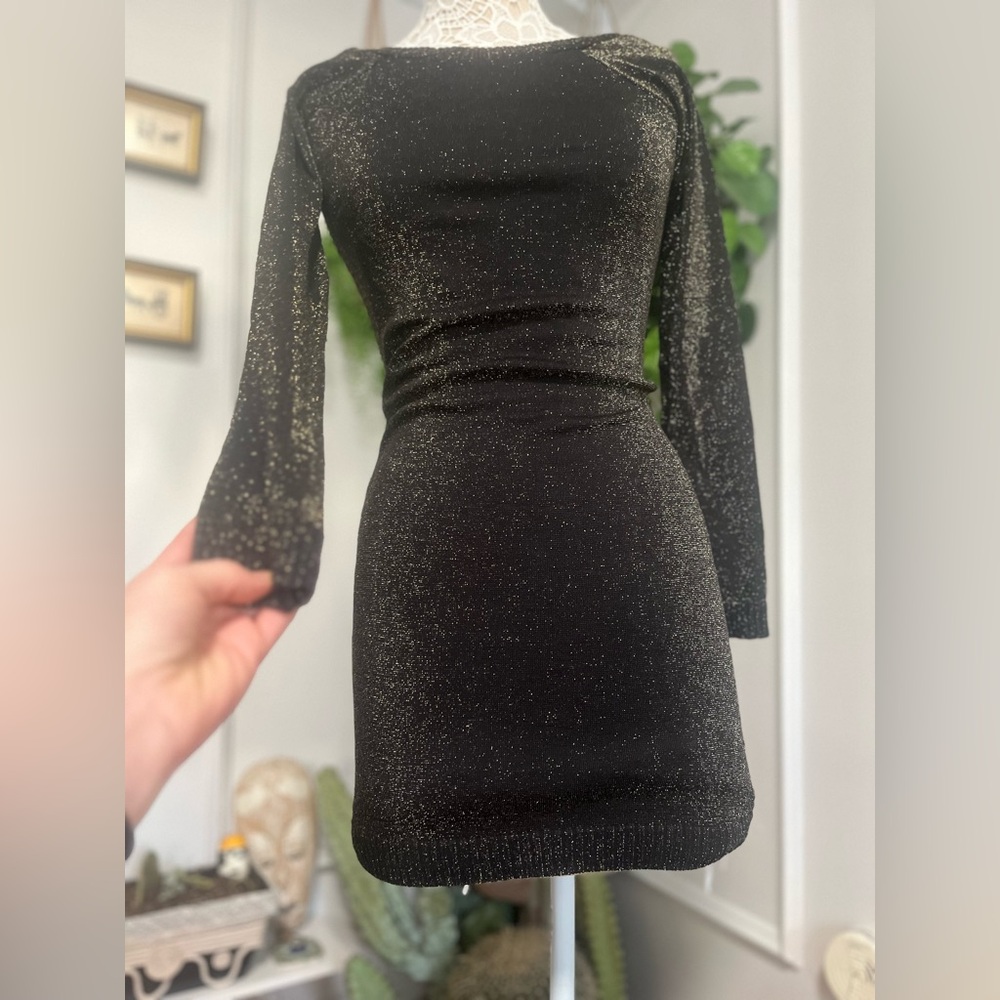 bebe Black Shimmer Long Sleeve Bodycon Dress M/L